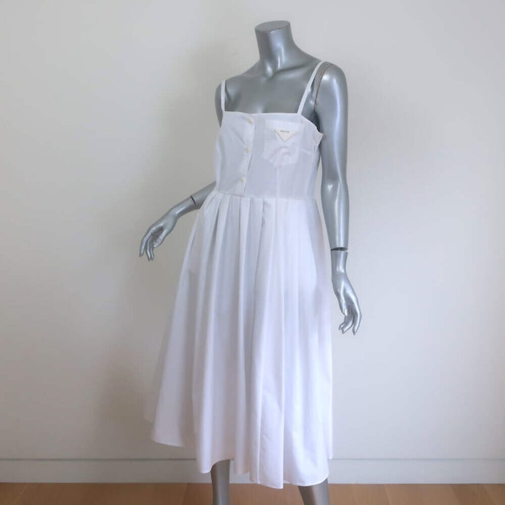 Prada Convertible Pleated Midi Dress White Cotton Poplin Size 40 NEW - Picture 4 of 9